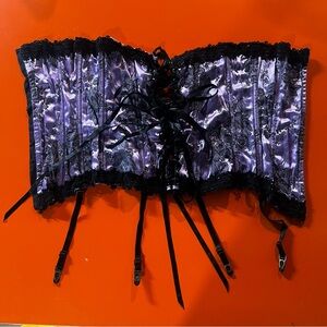 Purple and floral corset with garter straps and black lace detail